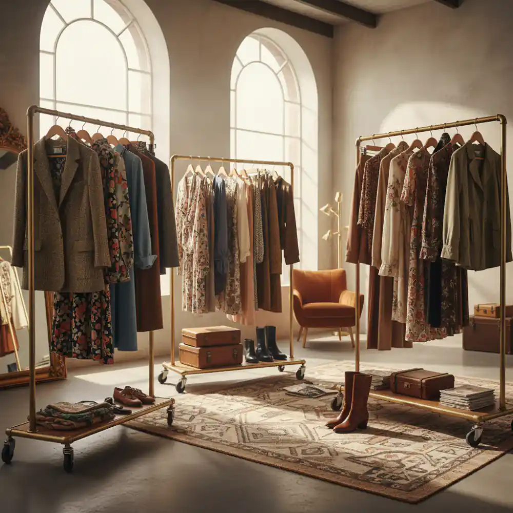 Racks of curated vintage clothing in an editorial studio setting