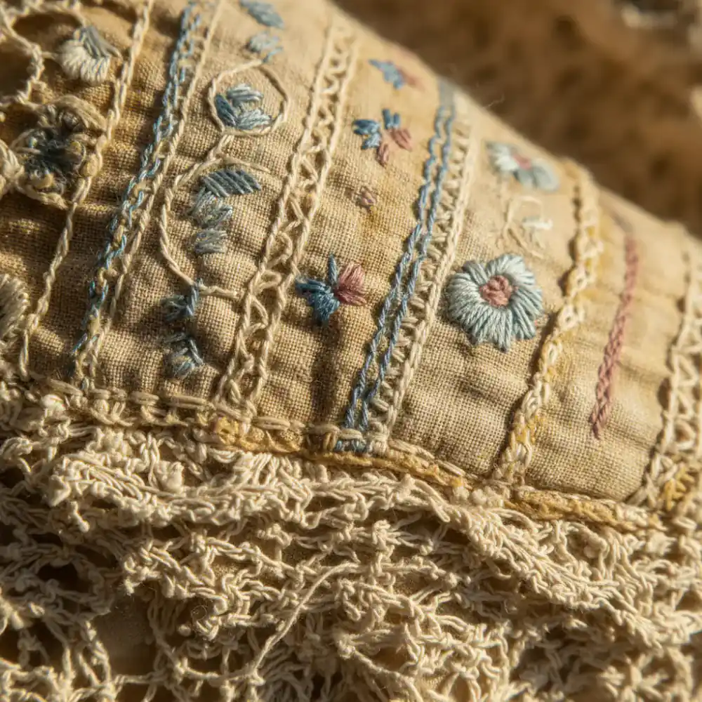 Close up of a vintage garment detailing stitching and fabric texture
