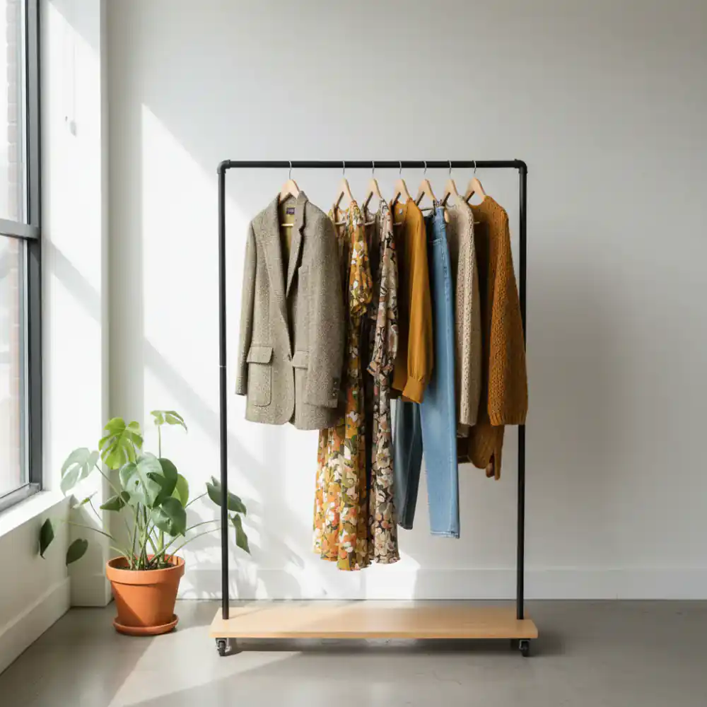 Racks of curated vintage clothing in the ThreadVault archive