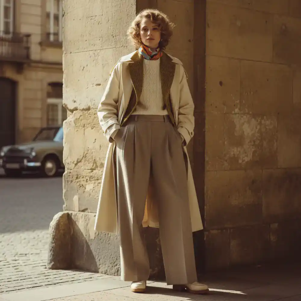 A highly styled vintage editorial look featuring layered outerwear